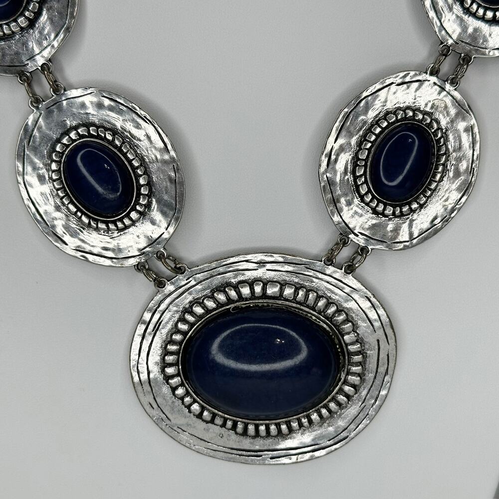 Chico's Blue Cabochon Silver Tone Disc Station Bib Necklace ✨ - Picture 5 of 11